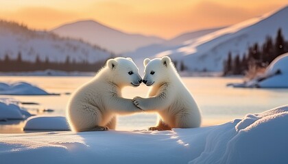 Arctic Connection: Two White Polar Bears Embrace, Touching Paws in Snowy Wilderness