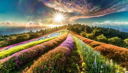 natural landscapes bathed in golden sunlight, erene and vibrant meadow with various wildflowers in full bloom - obrazy, fototapety, plakaty