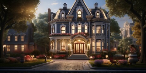 Fototapeta na wymiar A picturesque Victorian house facade blending seamlessly with a modern living room interior, featuring elegant furnishings, ornate light fixtures, and a warm, inviting ambiance.