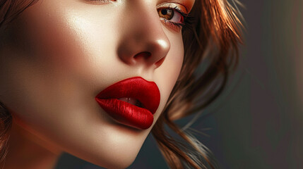 Fototapeta premium Create a digital portrait of a young woman showcasing her striking lip color, with a simple and clean background,