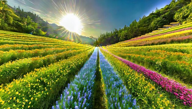 natural landscapes bathed in golden sunlight, erene and vibrant meadow with various wildflowers in full bloom