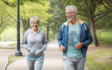 A senior man and woman, in their 60s, jog side by side on a park path, smiling and engaging in a healthy lifestyle activity; exemplifying vitality and companionship in older age - 769838008