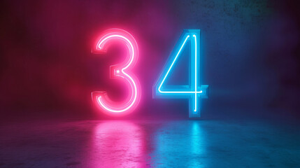 The number 34 is lit up in neon colors. The blue and red letters are glowing brightly against the dark background. The image has a futuristic, neon, and cool vibe to it - obrazy, fototapety, plakaty