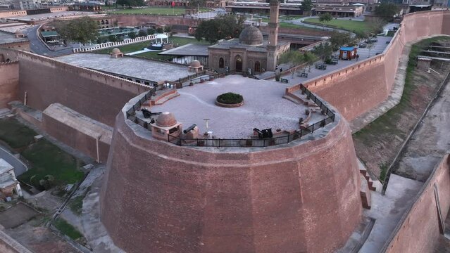 Aerial Video of Bala Hisar Fort and Traffic in Peshawar Pakistan, City Center Drone evening Shot