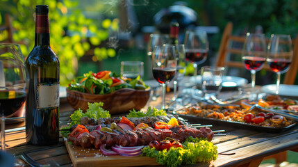 A lovely dinner of grilled meat, kebabs and salad on the table in an outdoor garden setting with wine bottles and glasses. A blurred background of trees. The focus is on one bottle of red wine. High r