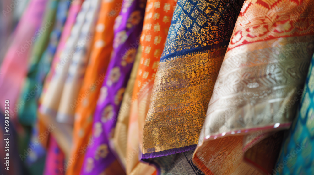 Poster a stunning display of colorful indian saris with intricate patterns and rich texture