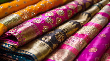 Detailed texture of brightly colored silk Indian saris with golden embroidery