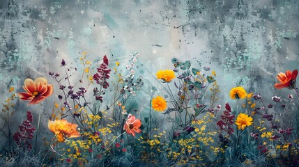 Obraz na płótnie Canvas Design Title: Flourishing Blooms: Artistic Fusion of Wildflowers on Urban Canvas