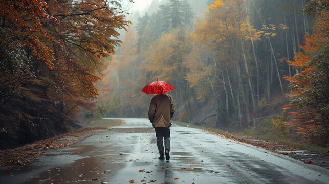 Photo of full length image of old man in the middle of road with umbrella looking for the rain