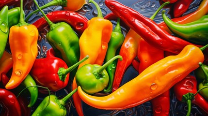 Macro close-up photo of chilli peppers, vibrant colors
