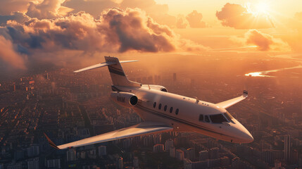 Private white luxury jet flying at sunset over a big city in the sky