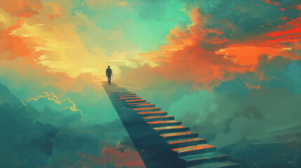 Success wallpaper, man is going upstairs a long stair - obrazy, fototapety, plakaty