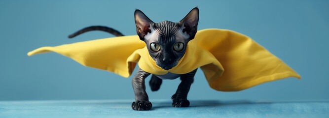 Cat in yellow cape, a cute carnivore with whiskers and tail - obrazy, fototapety, plakaty