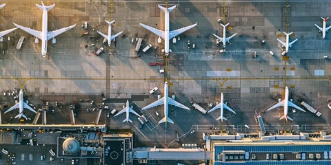 An aerial view of a bustling airport terminal with planes taxiing on the runway.  - obrazy, fototapety, plakaty