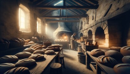 Obraz na płótnie Canvas Artisan bakery interior with fresh bread and working baker.