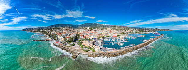 Sanremo, Italy - Aerial view of the beautiful Mediterranean costal village and its marine and beaches