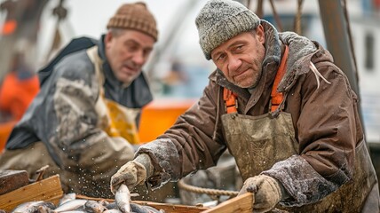 Fishermen decide on a fish-filled trawl.
