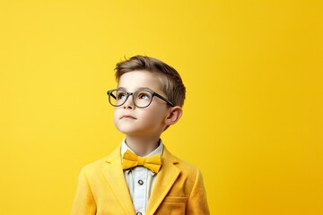 Cute blond kid wearing nerd bow tie and glasses serious face thinking about question with hand on chin, thoughtful about confusing idea - obrazy, fototapety, plakaty