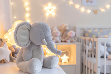 Cozy scandinavian newborn baby room with gray plush elephant ,white stars lamp and children accessories.