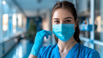 Confident young nurse with a mask in a medical facility during a pandemic. Professional healthcare worker portrait. Stock photo for medical use. AI