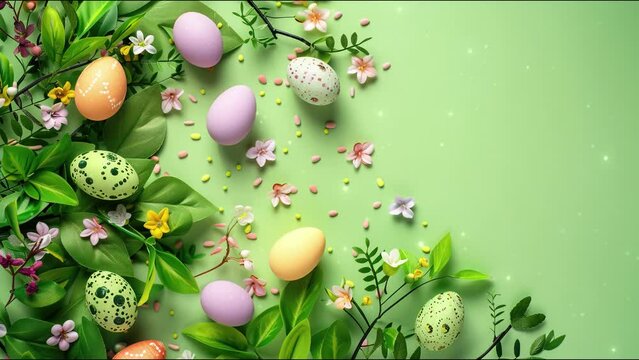 Easter egg party concept with a green background accompanied by 4K twinkling lights. Easter egg background for space area for text.