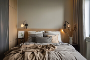 Fototapeta na wymiar Modern and small sleeping room interior design in scandinavian style.