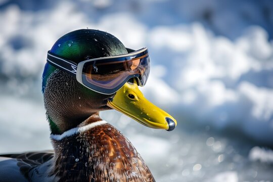 duck with ski glasses near frozen resort pond