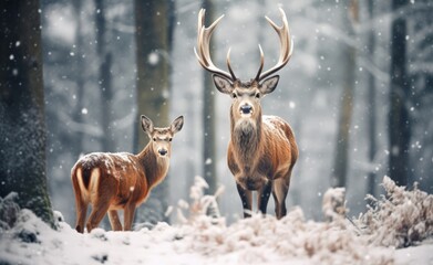 Beautiful deers with large antlers in a winter forest during a snowfall, Christmas concept
