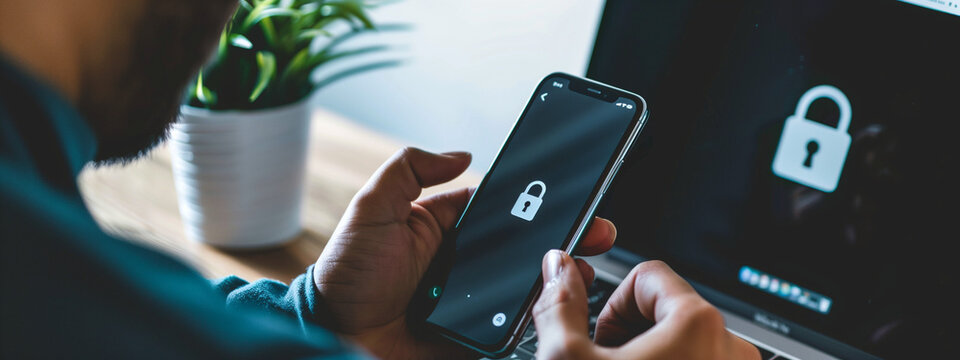 Man holds Smartphone with Lockscreen in hands. Business Laptop in Background, Security, Digital,