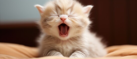 A Felidae carnivore, the cat is yawning on a bed with its fangs visible. Its whiskers, small to...