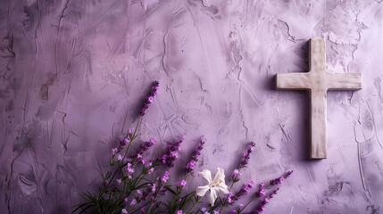 cross on a purple wall with lavender. Easter, Religion, Holiday Wallpaper