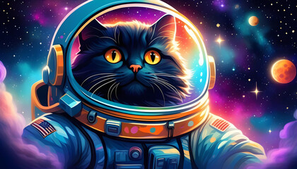 black cat in a space suit floating in outer space with a dreamlike background of galaxies and stars. 