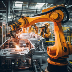Arm robot in the industries  Robot arm assembly car  Technology automatic robot.