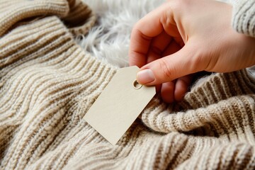 hand placing blank tag on cashmere sweater