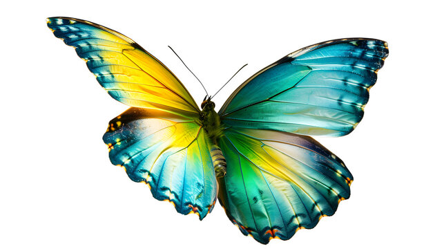 Set two beautiful colorful bright multicolored tropical butterflies with wings spread and in flight isolated on white background, close-up macro.