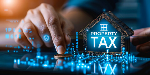 Financial burden of property taxes, symbolized by person holding transparent screen or card with words PROPERTY TAX displayed prominently, emphasizing inescapable reality of obligation for homeowners - obrazy, fototapety, plakaty