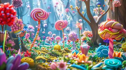 Vibrant 3d illustration of a magical forest landscape with whimsical candy elements