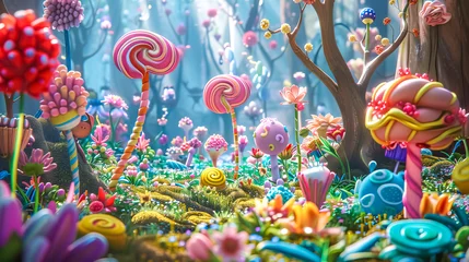 Rolgordijnen Vibrant 3d illustration of a magical forest landscape with whimsical candy elements © edojob