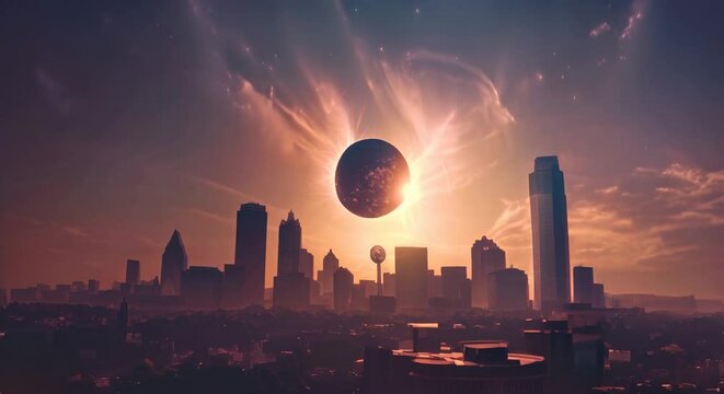 Solar eclipse in Texas on 04082024 a photorealistic image capturing the moment of totality the landscape bathed in an eerie twilight silhouettes of iconic Texas landmarks under the darkened sky