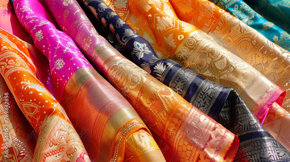 Poster an array of indian sarees with rich colors and elaborate patterns, ideal for festive occasions