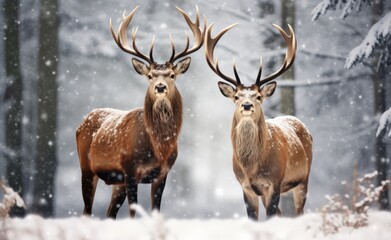Naklejka na ściany i meble Beautiful deers with large antlers in a winter forest during a snowfall, Christmas concept 
