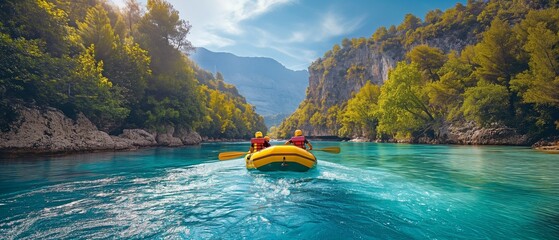 Fototapeta premium At Goynuk, Turkey, individuals are rafting down the Blue Water Canyon in inflatable boats.