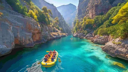 Abwaschbare Fototapete At Goynuk, Turkey, individuals are rafting down the Blue Water Canyon in inflatable boats. © tongpatong