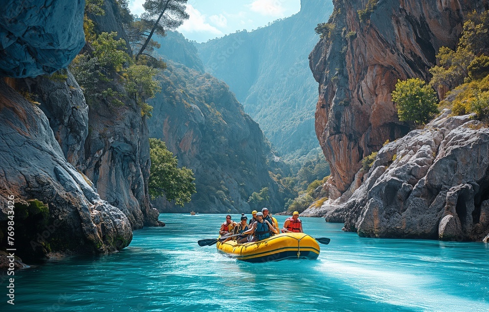 Wall mural at goynuk, turkey, individuals are rafting down the blue water canyon in inflatable boats. - Wall murals