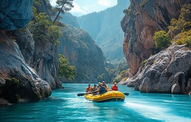 At Goynuk, Turkey, individuals are rafting down the Blue Water Canyon in inflatable boats. - obrazy, fototapety, plakaty