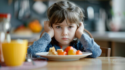 A unique background of a child refusing to eat their breakfast, their metabolism slowing down, - obrazy, fototapety, plakaty