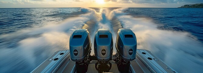 The speedboat is equipped with three potent motors. - obrazy, fototapety, plakaty