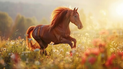 beautiful red horse with long mane running in flowers field with shiny sunshine, countryside rural scenery, copy space available