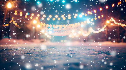 Enchanting Winter Wonderland Scene with Festive Lights and Snowfall