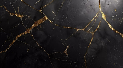 Brick kintsugi style with gold cracks. Breaked stone wall, cracked plaster, cracks, for mock up. Rustic old surface. Empty horizontal background for product displaing and copy space for text. - obrazy, fototapety, plakaty